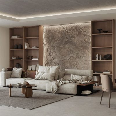 סלון מעוצב בקיר אבן